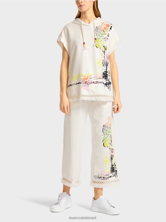 צבע קרם Marc Cain סווטשירט עם קפוצ'ון עם פרנזים הַלבָּשָׁה 62FRR1225