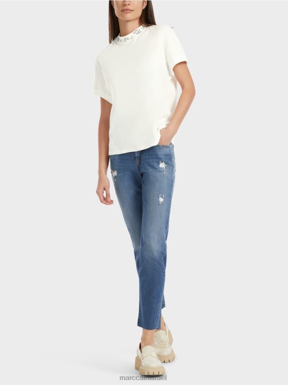 צבע קרם Marc Cain חולצת טריקו עם צווארון חרוזים הַלבָּשָׁה 62FRR1285