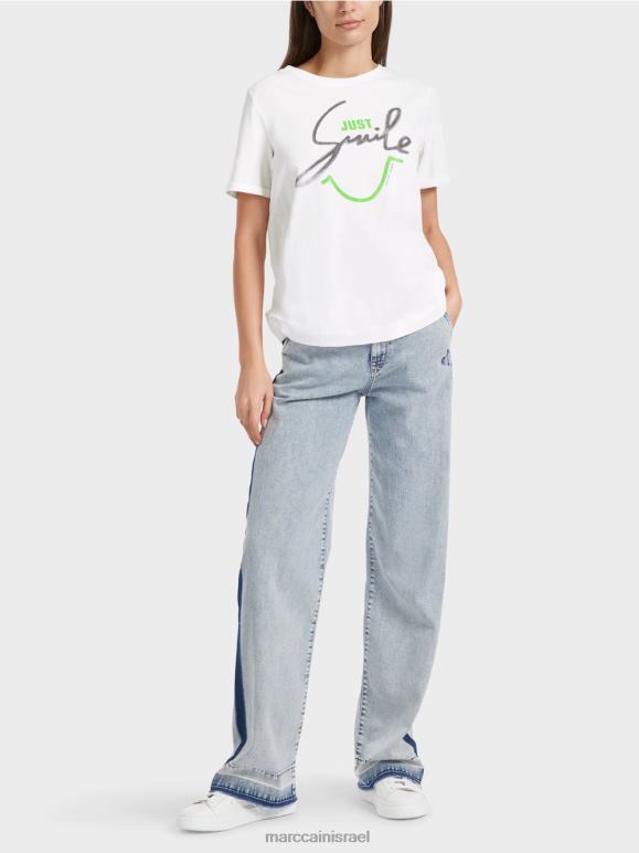 צבע קרם Marc Cain חולצת טי "לחשוב מחדש ביחד" עם נצנצים הַלבָּשָׁה 62FRR1304