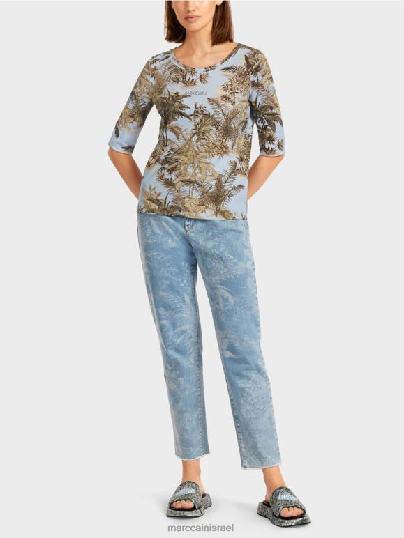 כחול פודרה בהיר Marc Cain חולצת טי מודפסת בעיצוב מצולע משובח הַלבָּשָׁה 62FRR1412