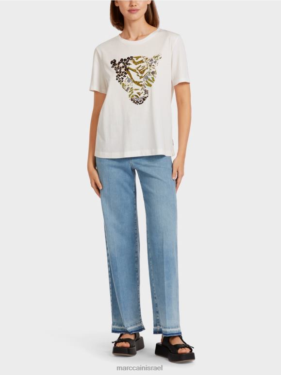 צבע קרם Marc Cain חולצת טי עם מוטיב ראש נמר הַלבָּשָׁה 62FRR1425