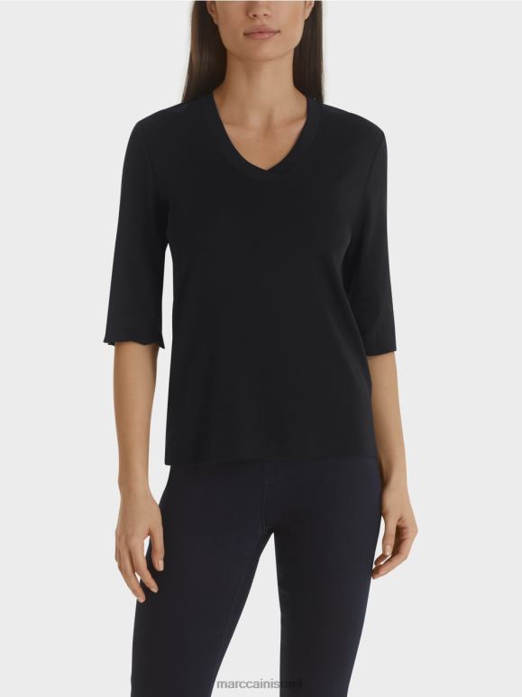 כחול חצות Marc Cain חולצת ג'רסי מצולעת כותנה הַלבָּשָׁה 62FRR1460