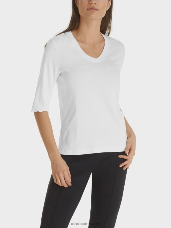 לבן Marc Cain חולצת ג'רסי מצולעת כותנה הַלבָּשָׁה 62FRR1462