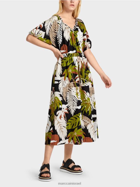 ירוק זית עמוק Marc Cain שמלת כותנה עם מוטיב עלים הַלבָּשָׁה 62FRR85