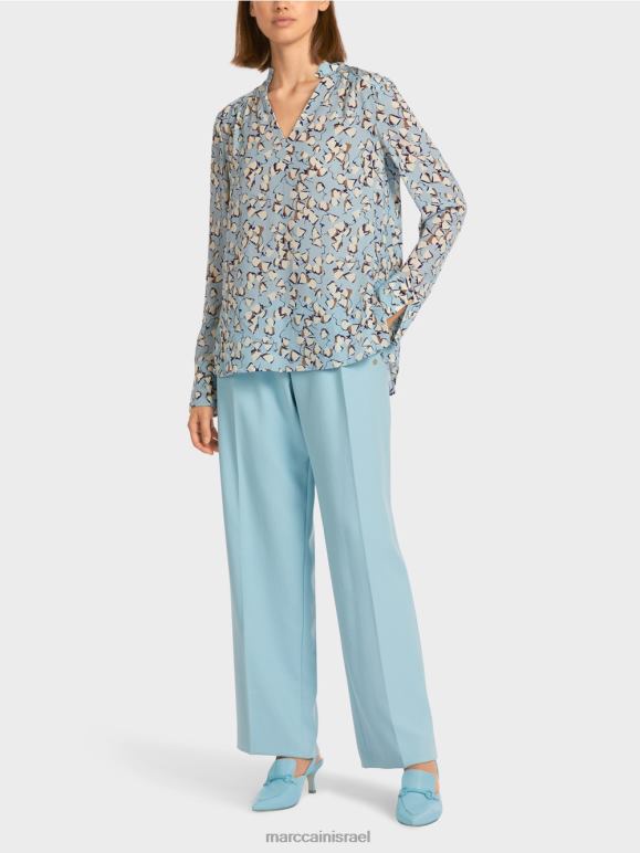 כחול אטמוספרי Marc Cain עליונית מודפסת בסגנון חולצה עם צווארון V הַלבָּשָׁה 62FRR1018