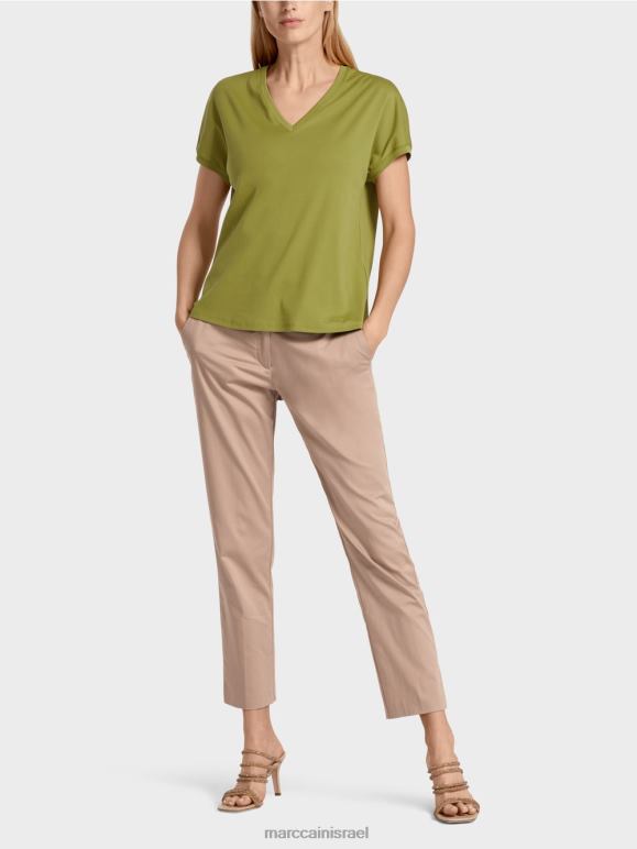 ירוק זית עמוק Marc Cain חולצת טריקו חלקה עם צווארון V הַלבָּשָׁה 62FRR1395
